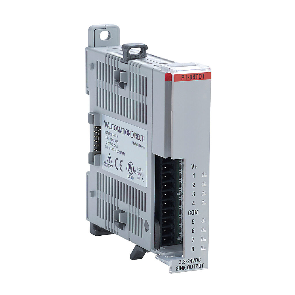 P1-08TD1 - Productivity1000 discrete output module, 8-point, 3.3-24 VDC, sinking, 1 common(s), 8 point(s) per common, 1A/point. Requires P1-10RTB or P1-10RTB-1 removable terminal block or ZIPLink pre-wired cables.