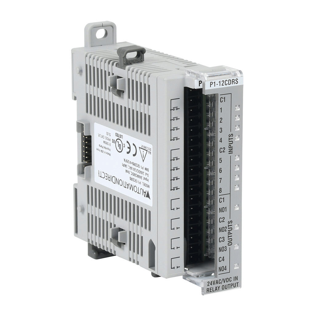 P1-12CDRS - Productivity1000 discrete combo module, Input: 8-point, 24 VAC/VDC, sinking/sourcing, Output: 4-point, 6-30 VDC/6-120 VAC, relay, (4) Form A (SPST) relays, 5A/point, 2A/point if used with ZIPLink cable.