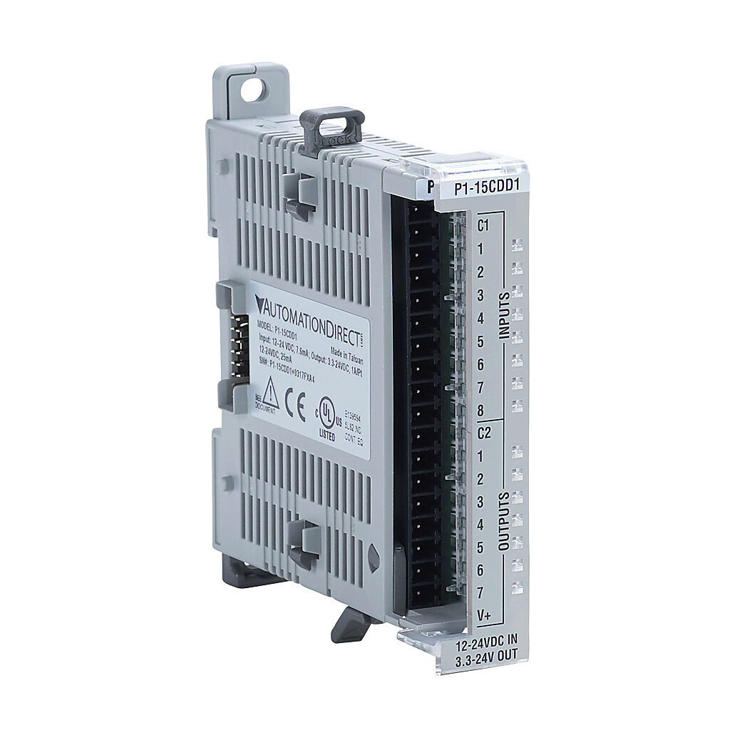 P1-15CDD1 - Productivity1000 discrete combo module, Input: 8-point, 12-24 VDC, sinking/sourcing, Output: 7-point, 3.3-24 VDC, sinking, 1A/point. Requires P2-RTB or P2-RTB-1 removable terminal block or ZIPLink pre-wired cables.