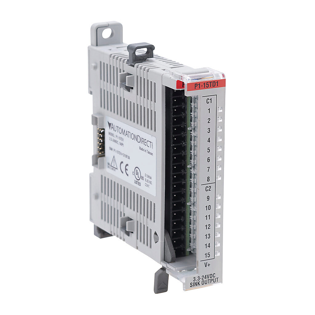 P1-15TD1 - Productivity1000 discrete output module, 15-point, 3.3-24 VDC, sinking, 2 common(s), 8 point(s) per common, 1A/point. Requires P2-RTB or P2-RTB-1 removable terminal block or ZIPLink pre-wired cables.