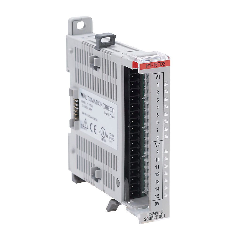 P1-15TD2 - Productivity1000 discrete output module, 15-point, 12-24 VDC, sourcing, 1 common(s), 15 point(s) per common, 1A/point. Requires P2-RTB or P2-RTB-1 removable terminal block or ZIPLink pre-wired cables.