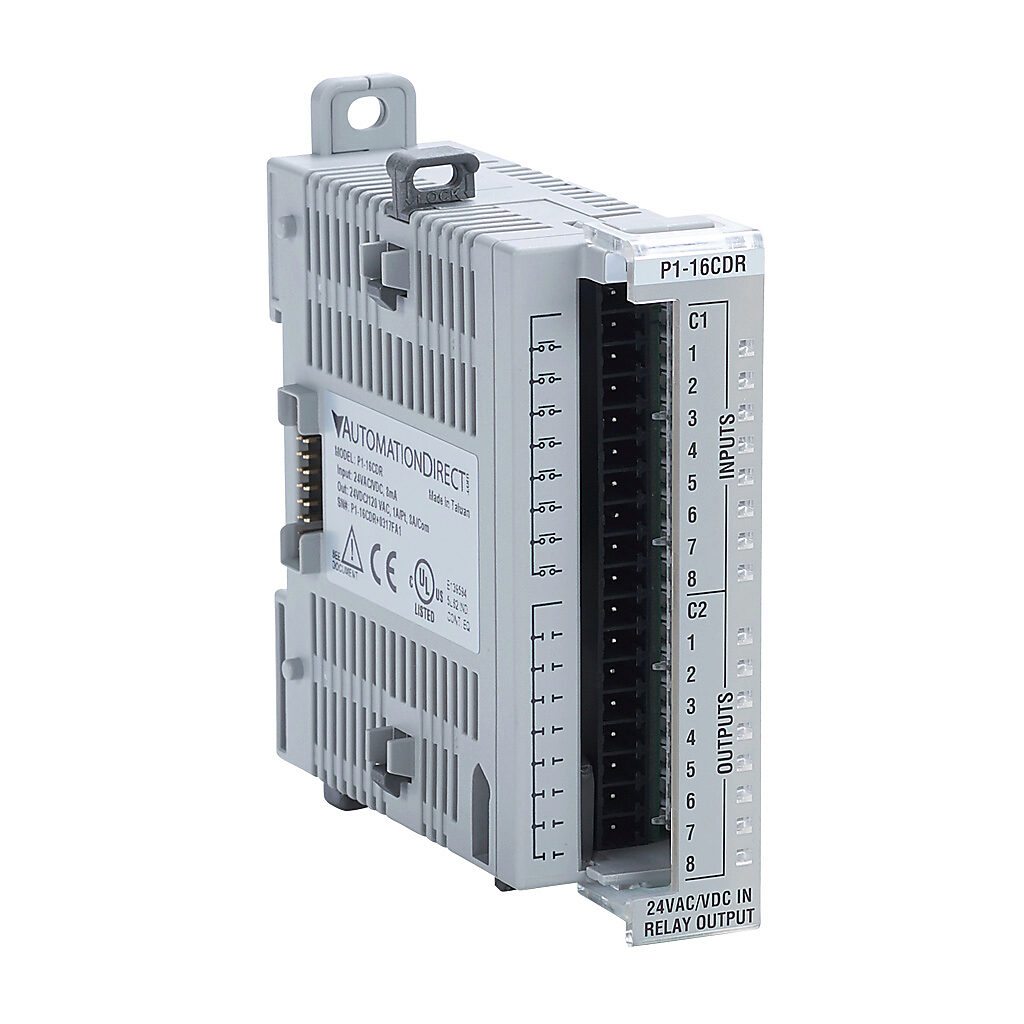 P1-16CDR - Productivity1000 discrete combo module, Input: 8-point, 24 VAC/VDC, sinking/sourcing, Output: 8-point, 6-24 VDC/6-120 VAC, relay, (8) Form A (SPST) relays, 1A/point. Requires P2-RTB or P2-RTB-1 removable terminal block or ZIPLink pre-wi...
