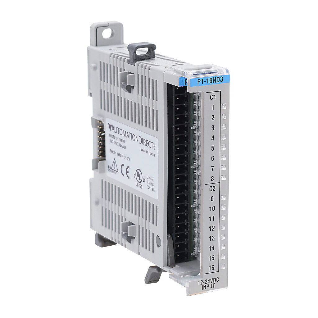 P1-16ND3 - Productivity1000 discrete input module, 16-point, 12-24 VDC, sinking/sourcing, 2 isolated common(s), 8 point(s) per common. Requires P2-RTB or P2-RTB-1 removable terminal block or ZIPLink pre-wired cables.