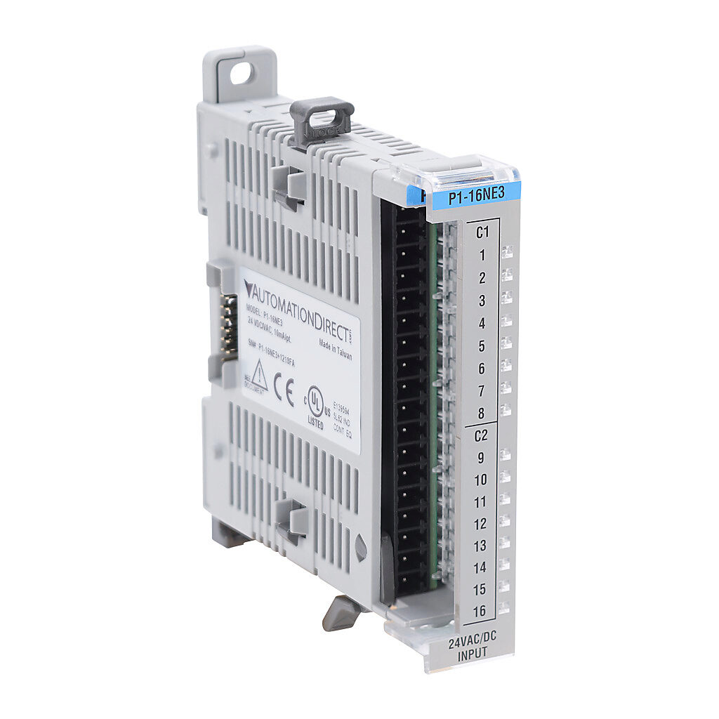 P1-16NE3 - Productivity1000 discrete input module, 16-point, 24 VAC/VDC, sinking/sourcing, 2 isolated common(s), 8 point(s) per common. Requires P2-RTB or P2-RTB-1 removable terminal block or ZIPLink pre-wired cables.