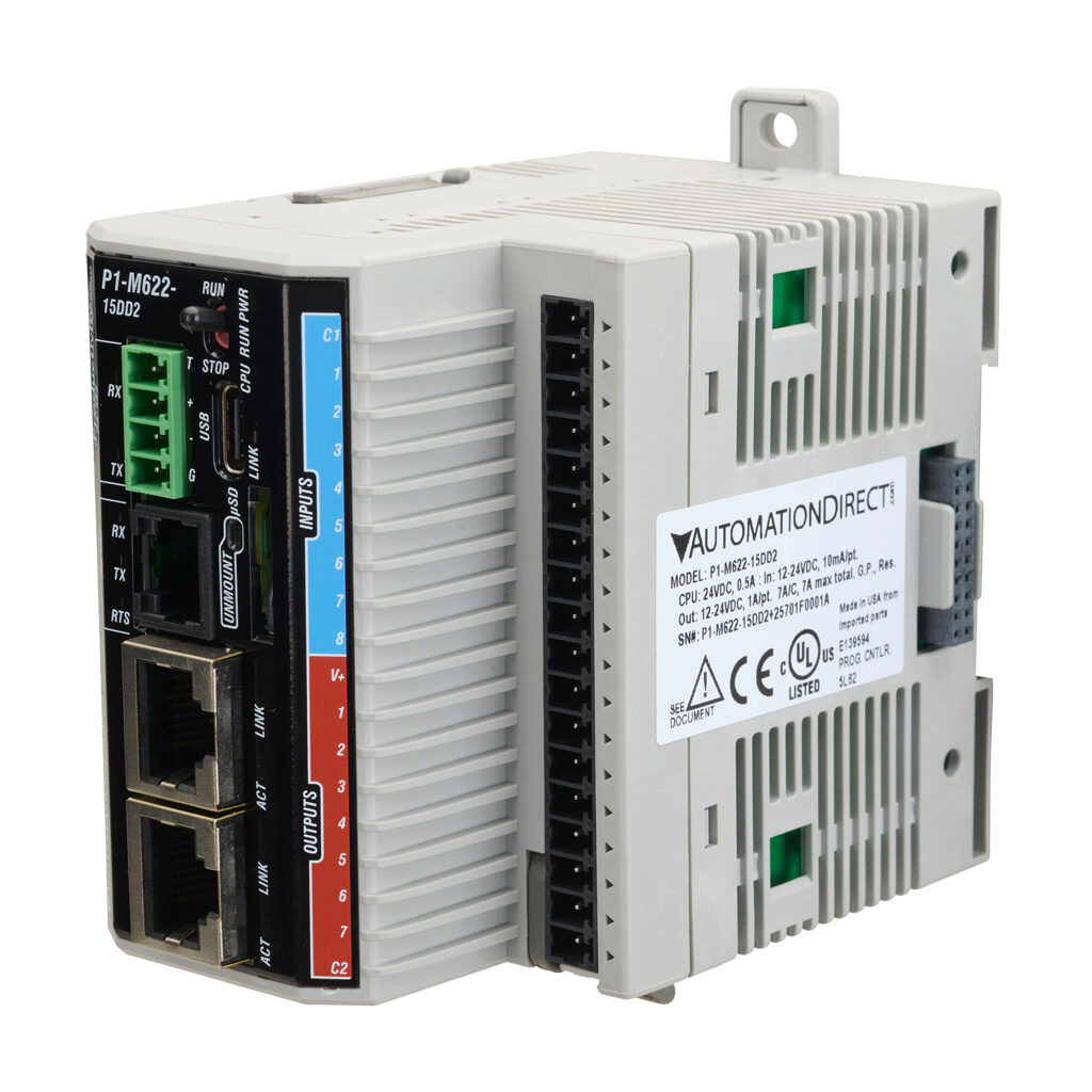 P1-M622-15DD2 - Productivity1000 PLC, 24 VDC required, Ethernet, serial and USB C ports, battery backup, microSD card slot, Discrete Input: 8-point, DC, Discrete Output: 7-point, sourcing.