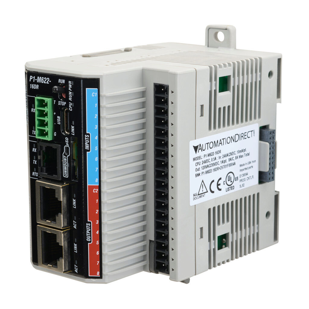 P1-M622-16DR - Productivity1000 PLC, 24 VDC required, Ethernet, serial and USB C ports, battery backup, microSD card slot, Discrete Input: 8-point, DC, Discrete Output: 8-point, relay.