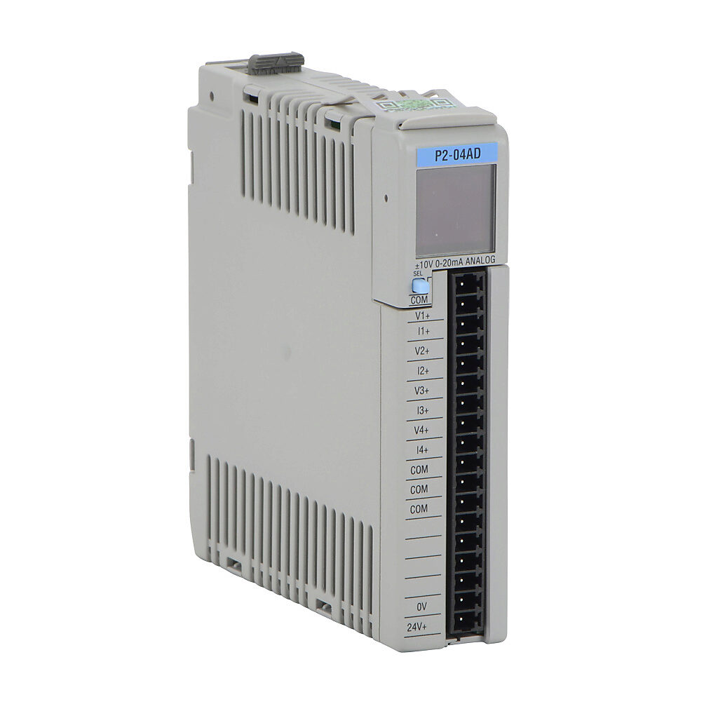 P2-04AD - Productivity2000 analog input module, 4-channel, current/voltage, 16-bit, external 24 VDC required. Requires P2-RTB or P2-RTB-1 removable terminal block or ZIPLink pre-wired cables.