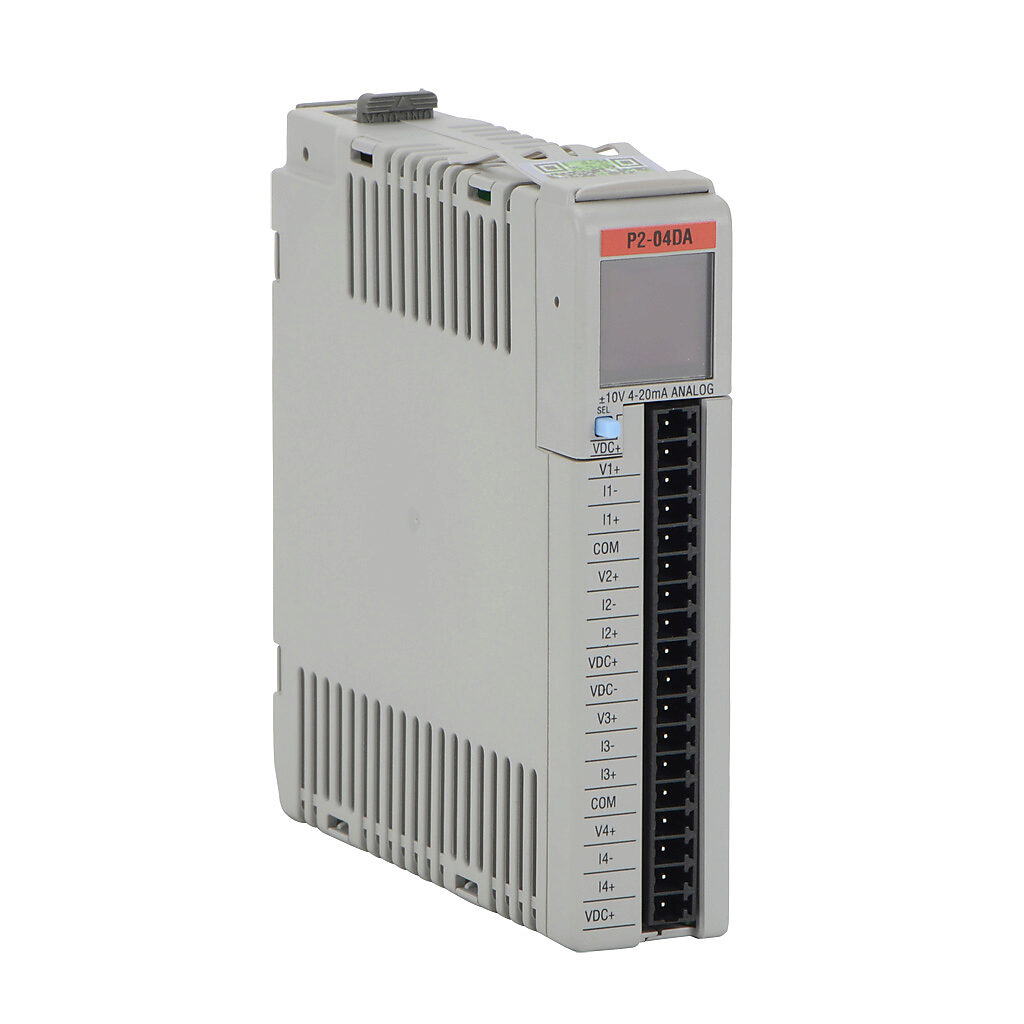 P2-04DA - Productivity2000 analog output module, 4-channel, current/voltage, 16-bit, external 24 VDC required. Requires P2-RTB or P2-RTB-1 removable terminal block or ZIPLink pre-wired cables.