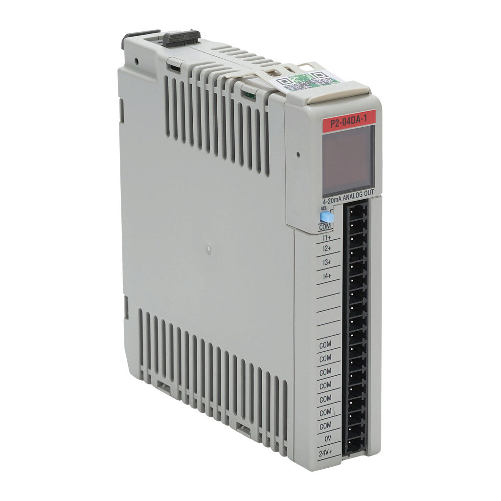 P2-04DA-1 - Productivity2000 analog output module, 4-channel, current, 16-bit, external 24 VDC required. Requires P2-RTB or P2-RTB-1 removable terminal block or ZIPLink pre-wired cables.