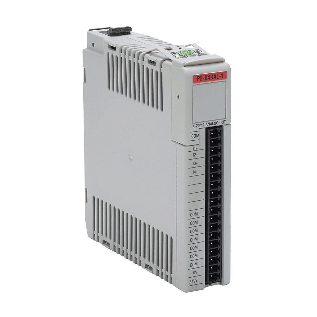 P2-04DAL-1 - Productivity2000 analog output module, 4-channel, current, 12-bit, external 24 VDC required. Requires P2-RTB or P2-RTB-1 removable terminal block or ZIPLink pre-wired cables.