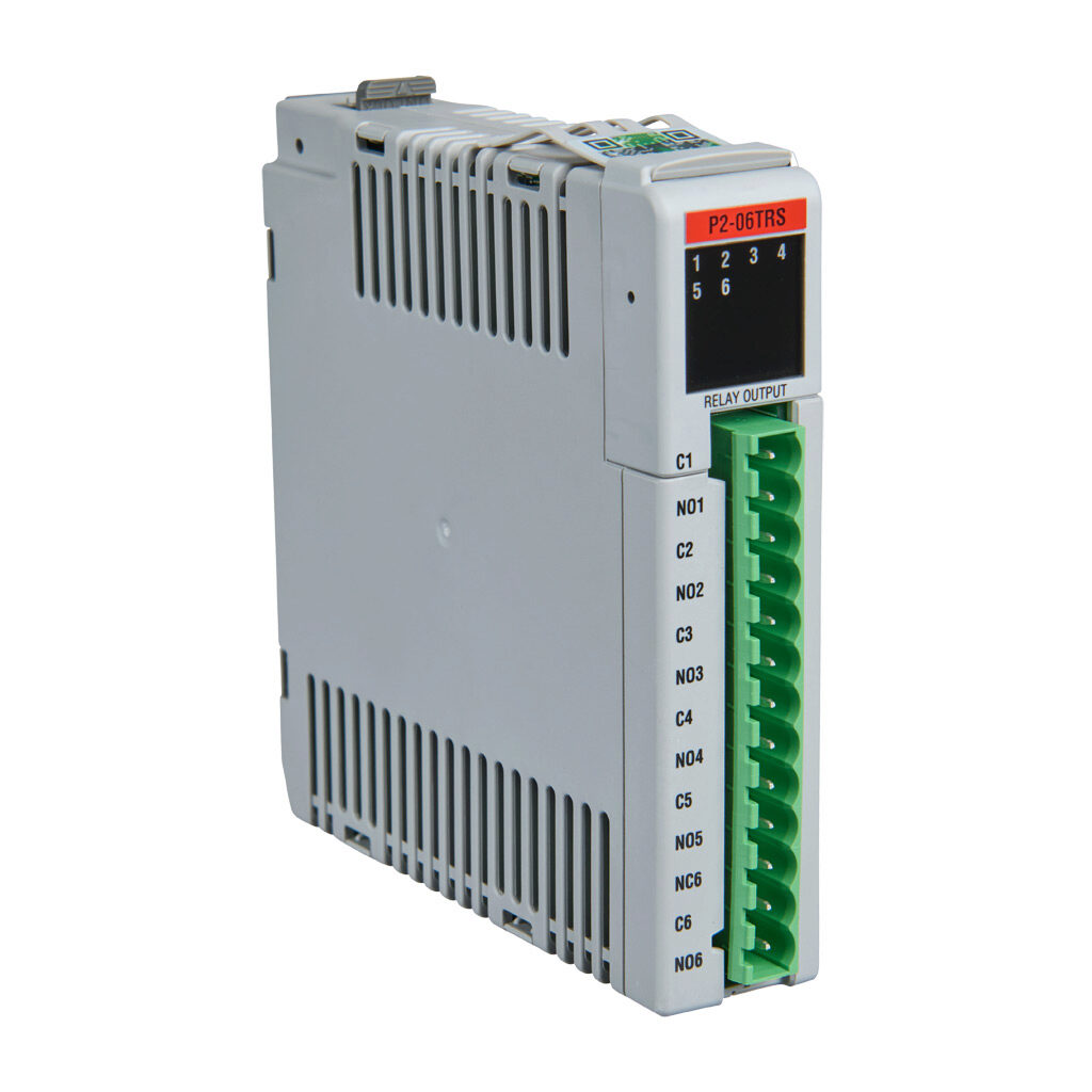 P2-06TRS - Productivity2000 relay output module, 6-point, 5-30 VDC/5-264 VAC, (5) Form A, (1) Form C, 6 isolated common(s), 1 point(s) per common, 7A/point. Requires P2-RTB13 or P2-RTB13-1 removable terminal block.