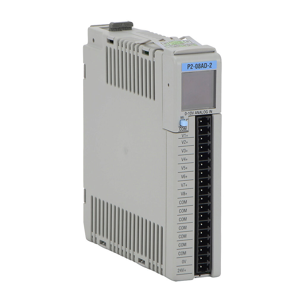 P2-08AD-2 - Productivity2000 analog input module, 8-channel, voltage, 16-bit, external 24 VDC required. Requires P2-RTB or P2-RTB-1 removable terminal block or ZIPLink pre-wired cables.