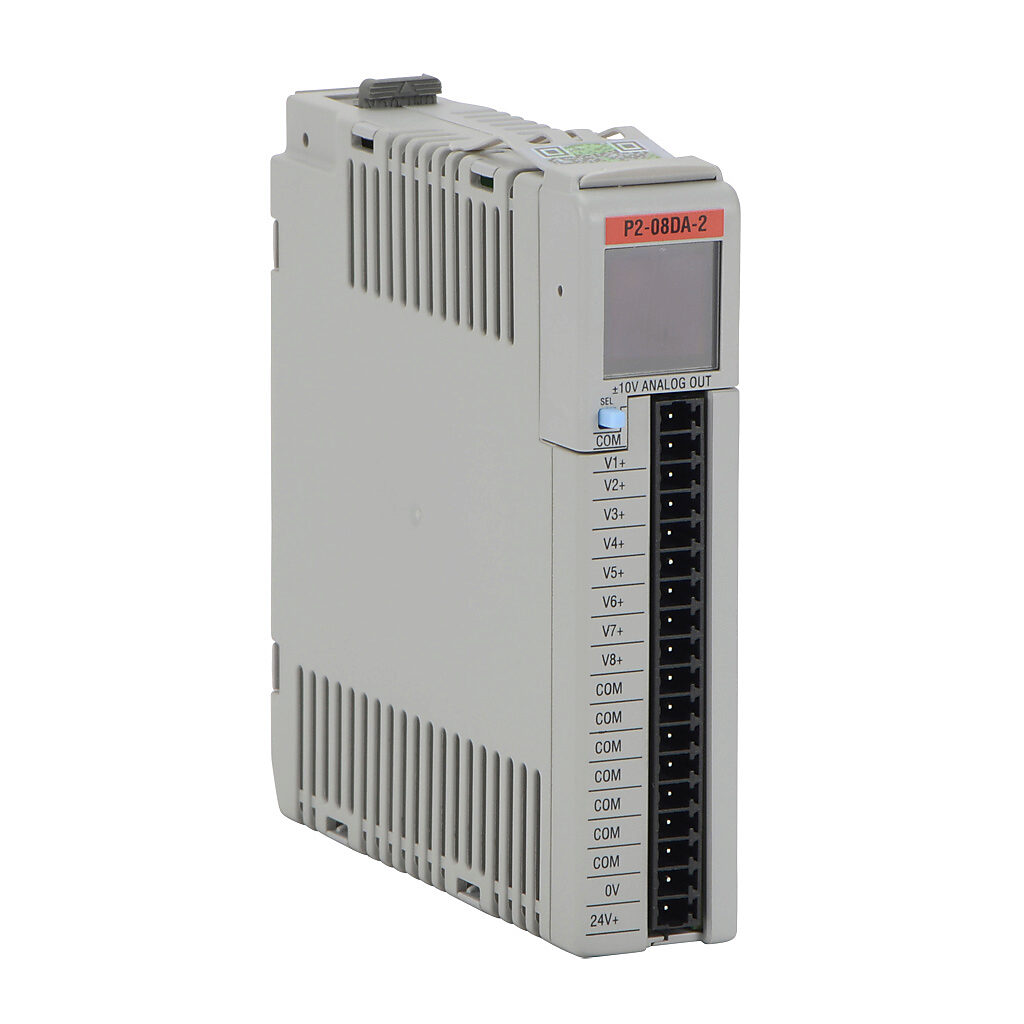 P2-08DA-2 - Productivity2000 analog output module, 8-channel, voltage, 16-bit, external 24 VDC required. Requires P2-RTB or P2-RTB-1 removable terminal block or ZIPLink pre-wired cables.
