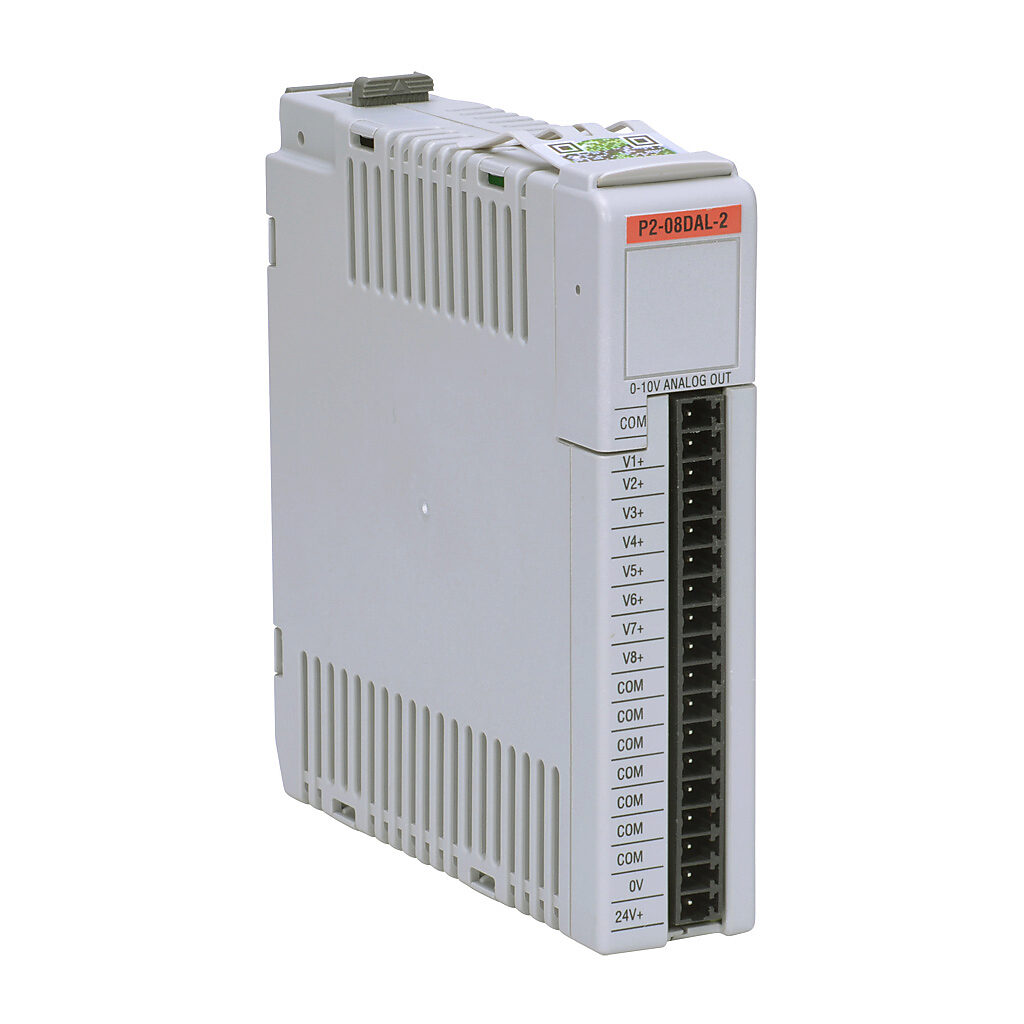 P2-08DAL-2 - Productivity2000 analog output module, 8-channel, voltage, 12-bit, external 24 VDC required. Requires P2-RTB or P2-RTB-1 removable terminal block or ZIPLink pre-wired cables.