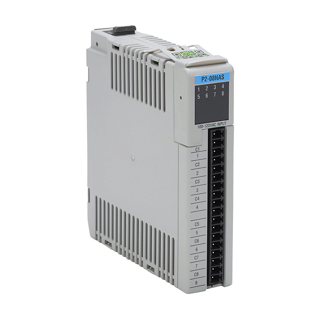 P2-08NAS - Productivity2000 discrete input module, 8-point, 120 VAC, 8 isolated common(s), 1 point(s) per common. Requires P2-RTB or P2-RTB-1 removable terminal block or ZIPLink pre-wired cables.