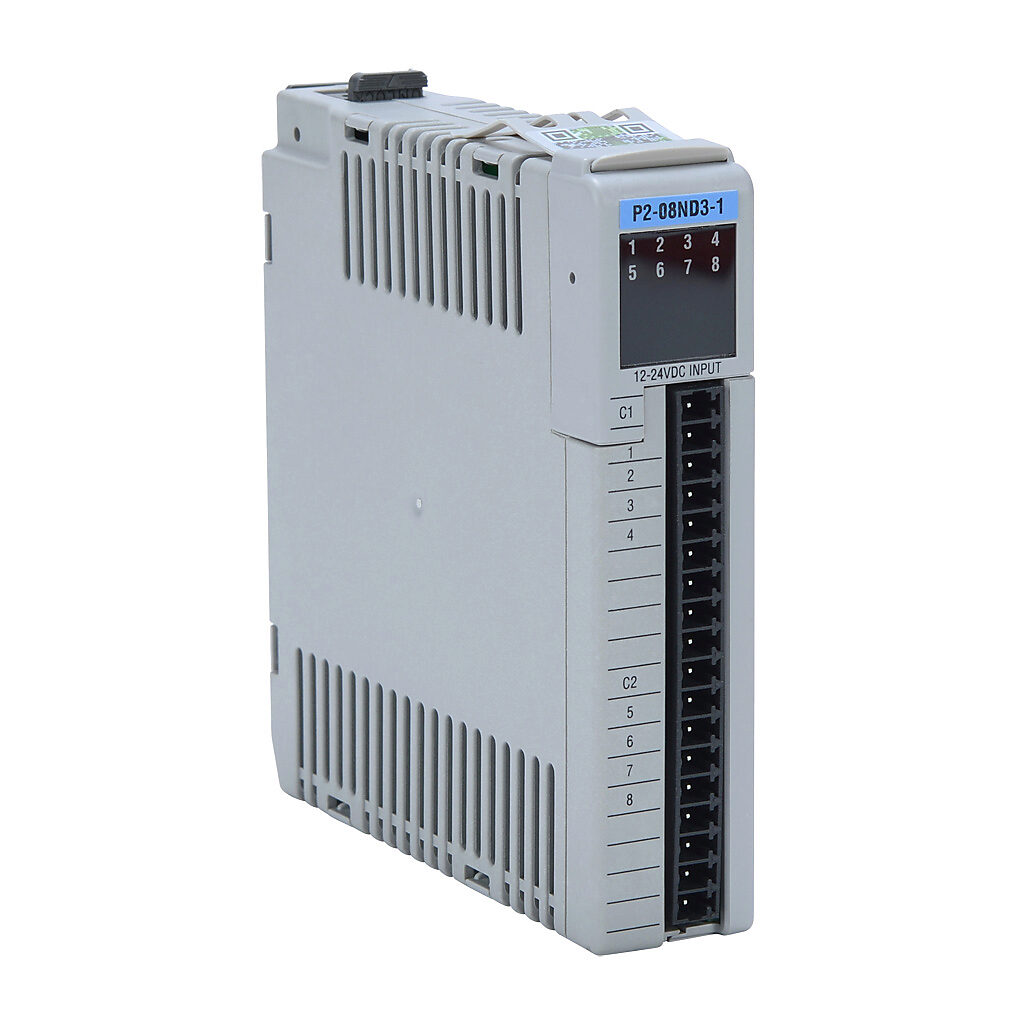 P2-08ND3-1 - Productivity2000 discrete input module, 8-point, 12-24 VDC, sinking/sourcing, 2 isolated common(s), 4 point(s) per common. Requires P2-RTB or P2-RTB-1 removable terminal block or ZIPLink pre-wired cables.