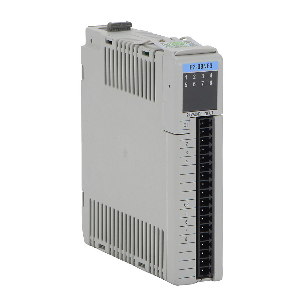 P2-08NE3 - Productivity2000 discrete input module, 8-point, 24 VAC/VDC, sinking/sourcing, 2 isolated common(s), 4 point(s) per common. Requires P2-RTB or P2-RTB-1 removable terminal block or ZIPLink pre-wired cables.