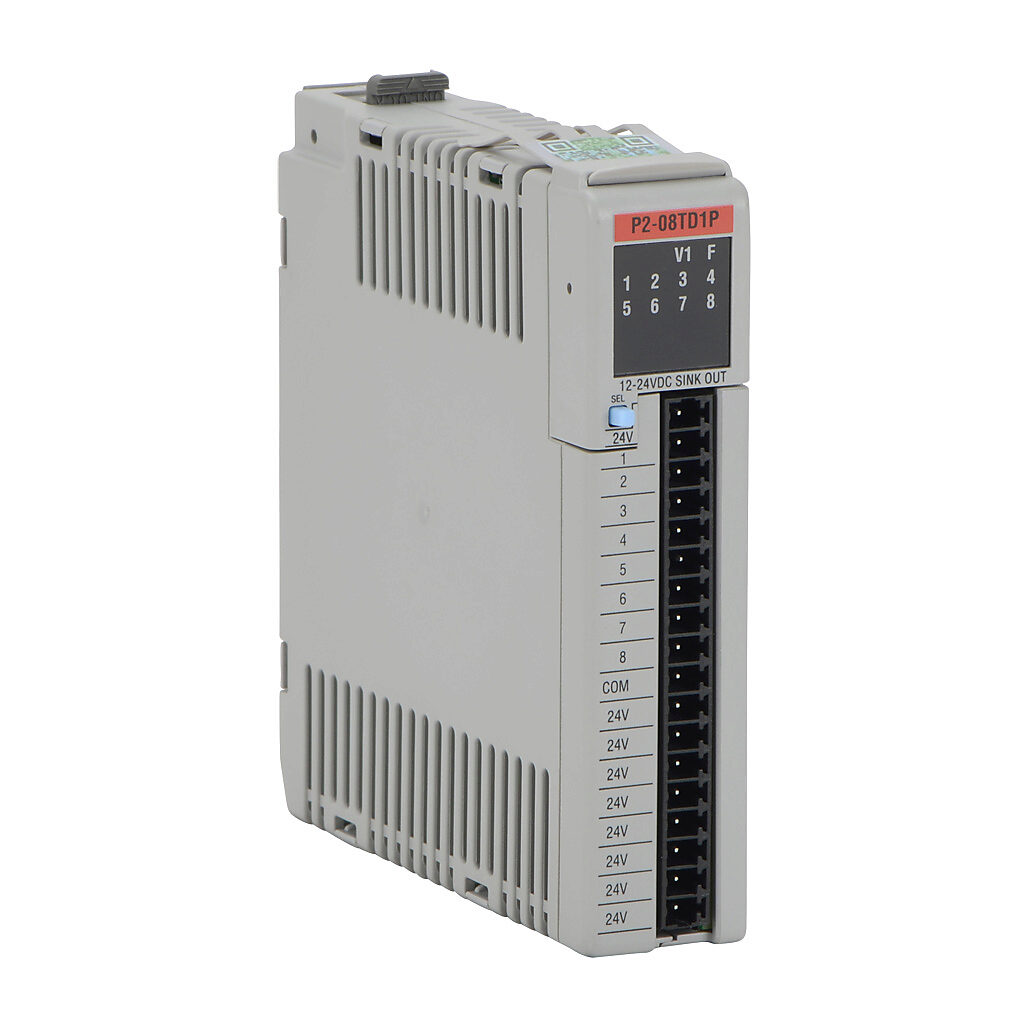 P2-08TD1P - Productivity2000 discrete output module, 8-point, 12-24 VDC, sinking, 1 common(s), 8 point(s) per common, 0.25A/point, short circuit and overload protection. Requires P2-RTB or P2-RTB-1 removable terminal block or ZIPLink pre-wired cab...