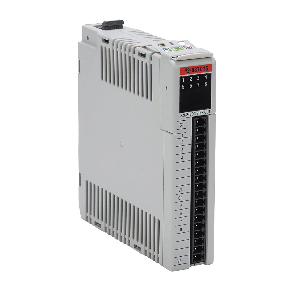 P2-08TD1S - Productivity2000 discrete output module, 8-point, 3.3-24 VDC, sinking, 2 isolated common(s), 4 point(s) per common, 2A/point. Requires P2-RTB or P2-RTB-1 removable terminal block or ZIPLink pre-wired cables.