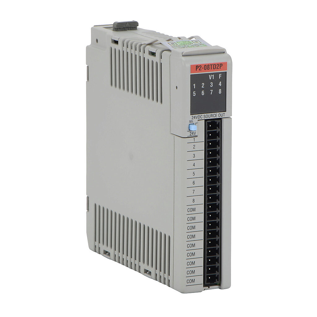 P2-08TD2P - Productivity2000 discrete output module, 8-point, 24 VDC, sourcing, 9 common(s), 1 point(s) per common, 0.25A/point, short circuit and overload protection. Requires P2-RTB or P2-RTB-1 removable terminal block or ZIPLink pre-wired cables.