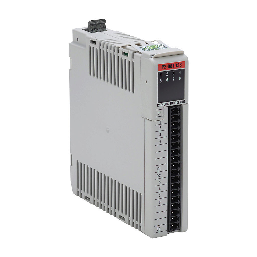 P2-08TD2S - Productivity2000 discrete output module, 8-point, 12-24 VDC, sourcing, 2 isolated common(s), 4 point(s) per common, 2A/point. Requires P2-RTB or P2-RTB-1 removable terminal block or ZIPLink pre-wired cables.