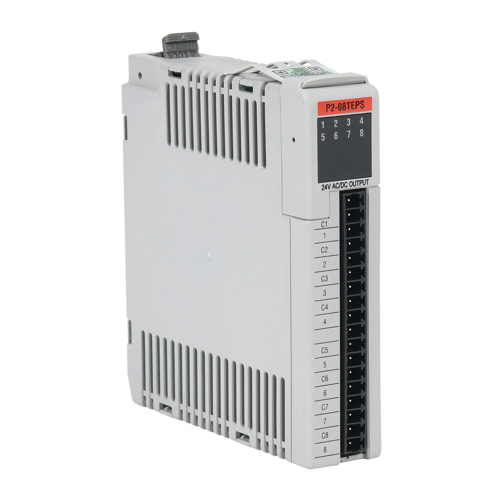 P2-08TEPS - Productivity2000 relay output module, 8-point, 24 VAC/VDC, (8) solid state relays, 8 isolated common(s), 1 point(s) per common, 1A/point @ 40 deg C, 0.5A/point @ 60 deg C. Requires P2-RTB or P2-RTB-1 removable terminal block or ZIPLink...