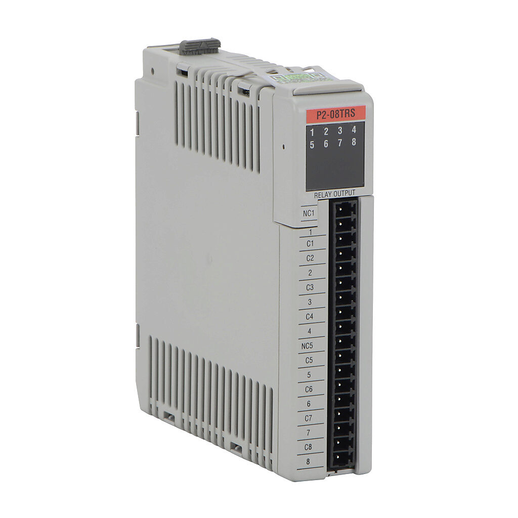 P2-08TRS - Productivity2000 relay output module, 8-point, 6-24 VDC/6-120 VAC, (6) Form A, (2) Form C, 8 isolated common(s), 1 point(s) per common, 4A/point. Requires P2-RTB or P2-RTB-1 removable terminal block or ZIPLink pre-wired cables.