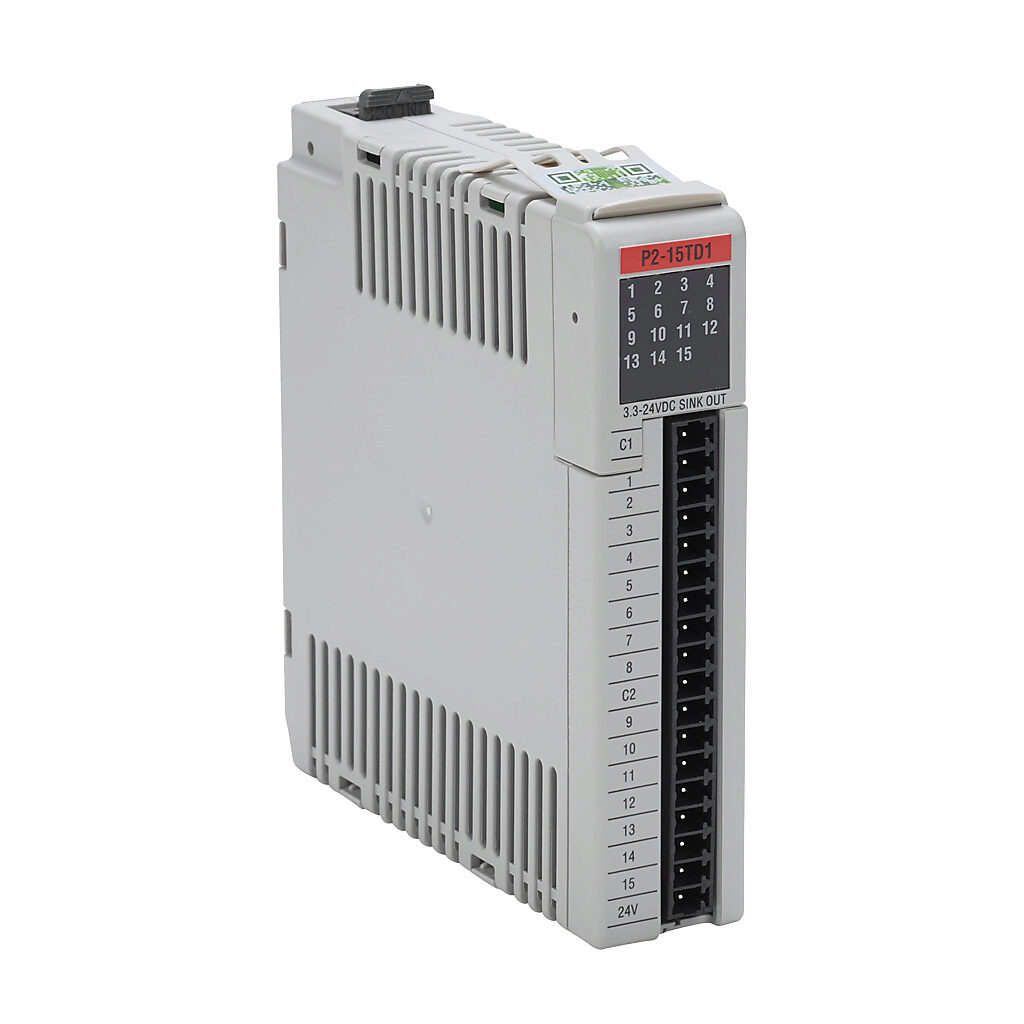 P2-15TD1 - Productivity2000 discrete output module, 15-point, 3.3-24 VDC, sinking, 2 common(s), 8 point(s) per common, 1A/point. Requires P2-RTB or P2-RTB-1 removable terminal block or ZIPLink pre-wired cables.