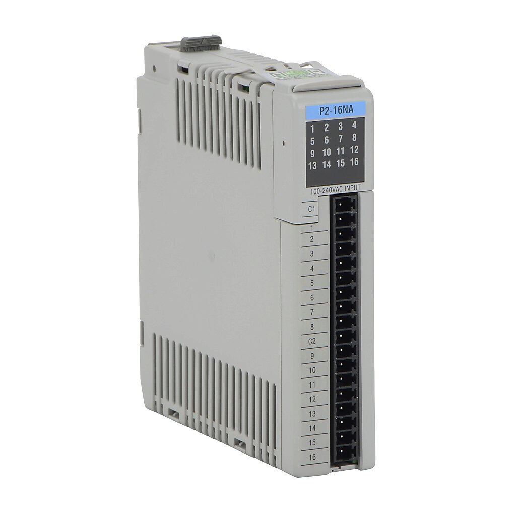 P2-16NA - Productivity2000 discrete input module, 16-point, 120-240 VAC, 2 isolated common(s), 8 point(s) per common. Requires P2-RTB or P2-RTB-1 removable terminal block or ZIPLink pre-wired cables.