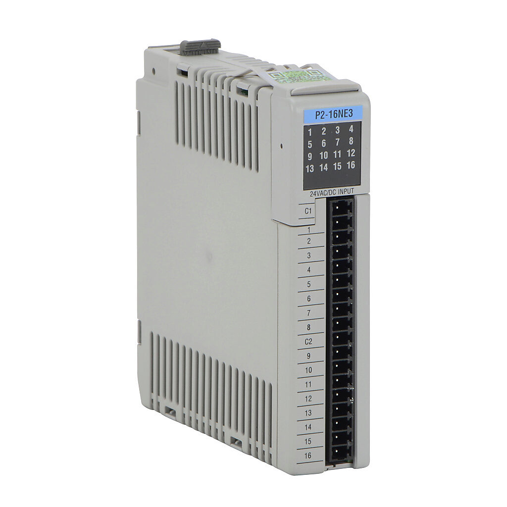 P2-16NE3 - Productivity2000 discrete input module, 16-point, 24 VAC/VDC, sinking/sourcing, 2 isolated common(s), 8 point(s) per common. Requires P2-RTB or P2-RTB-1 removable terminal block or ZIPLink pre-wired cables.