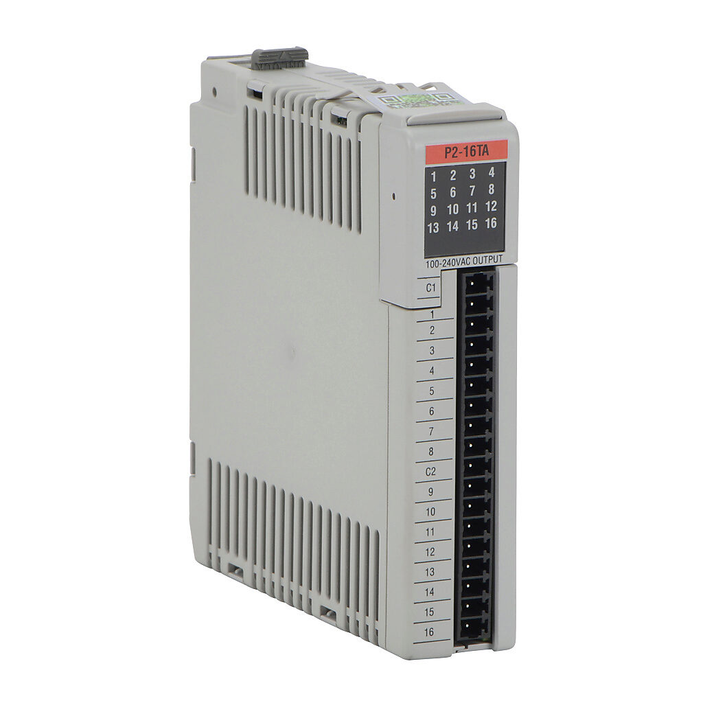 P2-16TA - Productivity2000 discrete output module, 16-point, 120-240 VAC, 2 common(s), 8 point(s) per common, 0.5A/point, 4A/common. Requires P2-RTB or P2-RTB-1 removable terminal block or ZIPLink pre-wired cables.