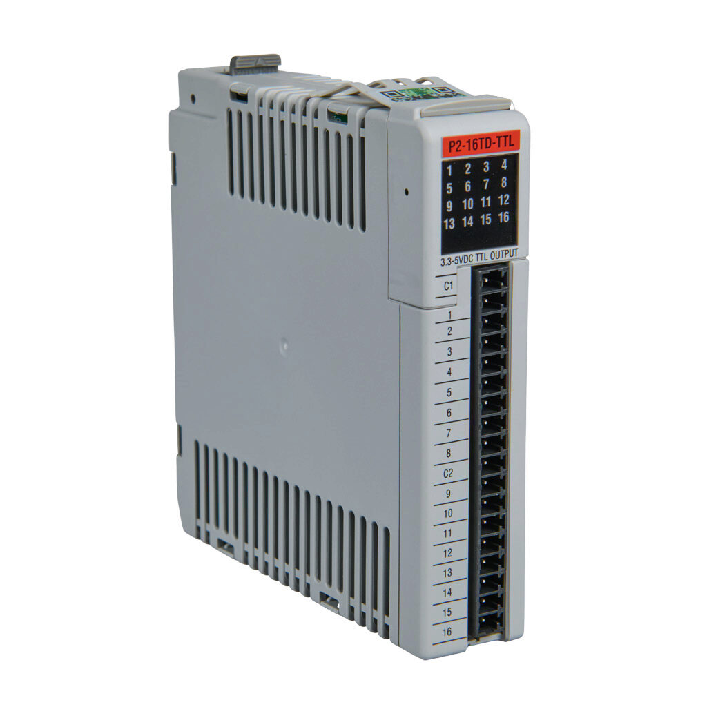 P2-16TD-TTL - Productivity2000 discrete output module, 16-point, 5 VDC, sourcing/TTL, 2 common(s), 8 point(s) per common, 20 mA/point. Requires P2-RTB or P2-RTB-1 removable terminal block or ZIPLink pre-wired cables.