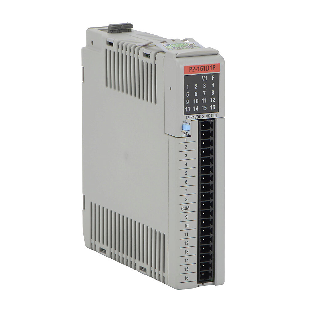 P2-16TD1P - Productivity2000 discrete output module, 16-point, 12-24 VDC, sinking, 1 common(s), 16 point(s) per common, 0.25A/point, short circuit and overload protection. Requires P2-RTB or P2-RTB-1 removable terminal block or ZIPLink pre-wired c...