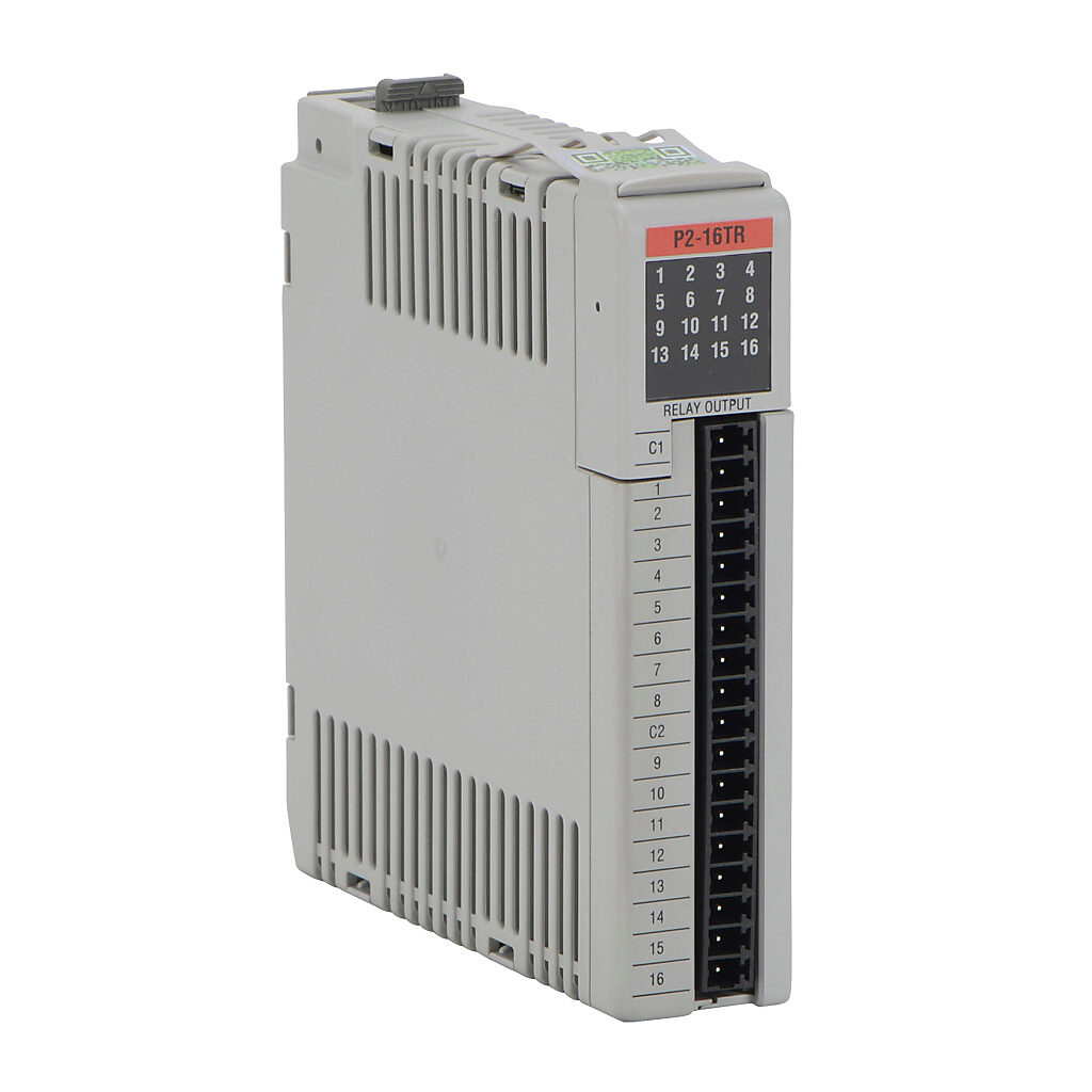P2-16TR - Productivity2000 relay output module, 16-point, 6-24 VDC/6-240 VAC, (16) Form A, 2 isolated common(s), 8 point(s) per common, 1A/point, 8A/common. Requires P2-RTB or P2-RTB-1 removable terminal block or ZIPLink pre-wired cables.