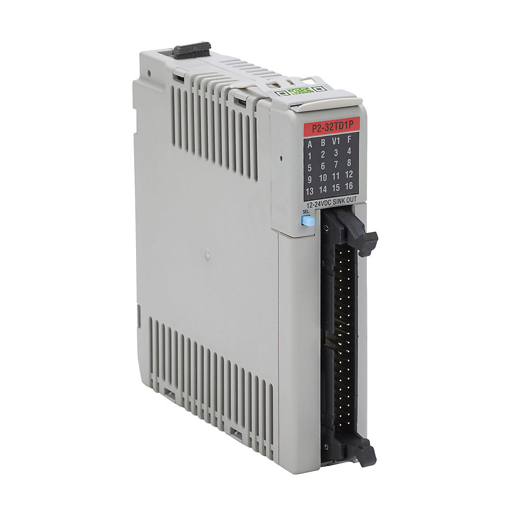 P2-32TD1P - Productivity2000 discrete output module, 32-point, 12-24 VDC, sinking, 4 common(s), 8 point(s) per common, 0.2A/point, short circuit and overload protection. Requires ZIPLink connector modules and pre-wired cables.