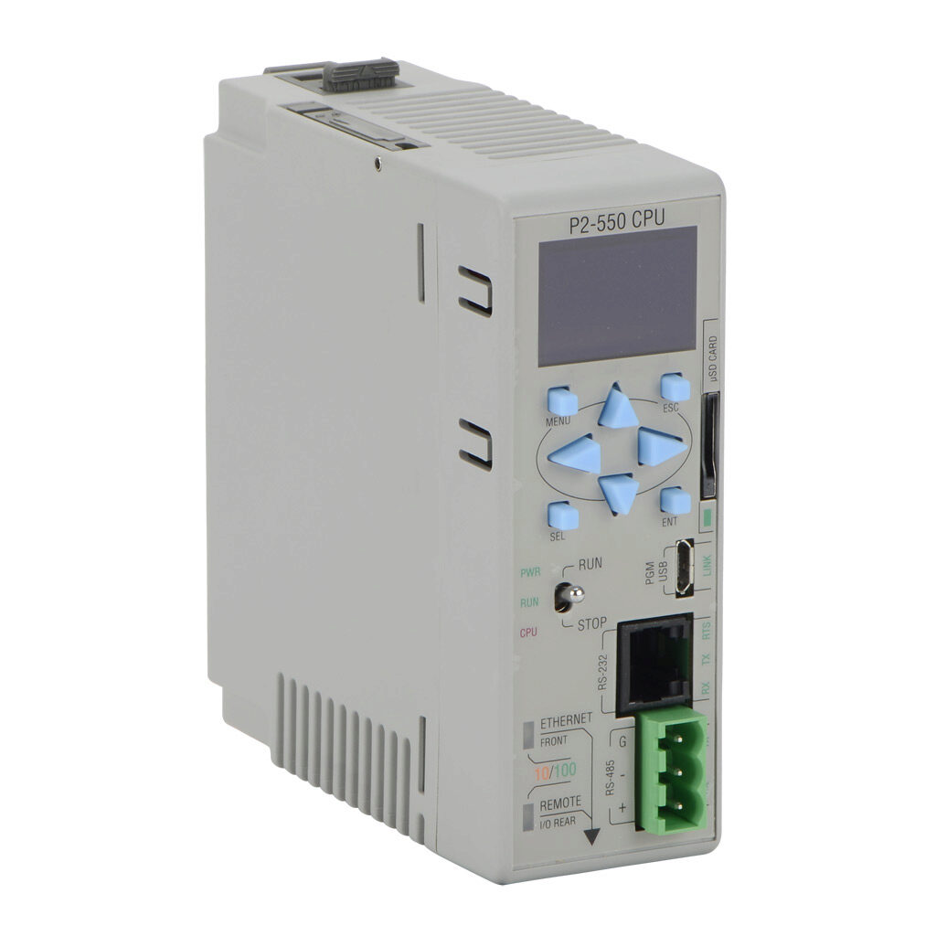 P2-550 - Productivity2000 CPU, up to 50 MB ladder memory, 4 x 10 character OLED display, microSD card slot, (2) Ethernet 10/100Base-T (RJ45), (1) RS-232 (RJ12), (1) RS-485 (3-pin terminal) and (1) microB-USB port(s), battery included.
