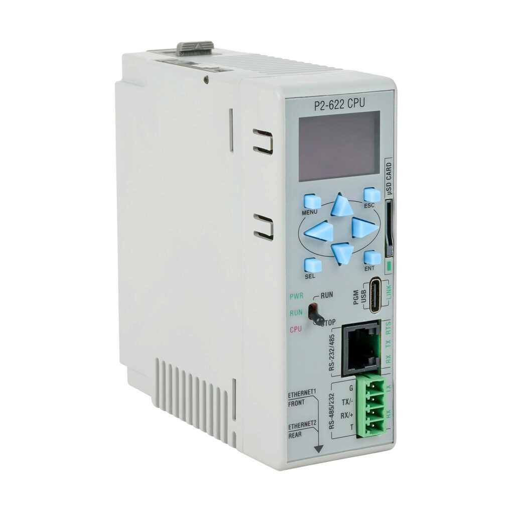 P2-622 - Productivity2000 CPU, up to 50 MB ladder memory, 4 x 10 character OLED display, microSD card slot, (2) Ethernet 10/100Base-T (RJ45), (1) RS-232/RS-485 (RJ12), (1) RS-232/RS-485 (4-pin terminal) and (1) USB C port(s), battery included.