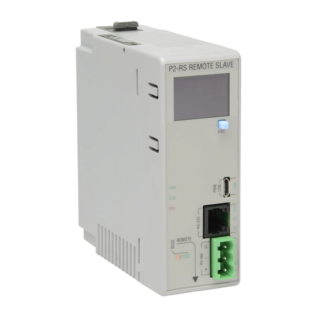 P2-RS - Productivity2000 remote I/O module, 4 ports, (1) Ethernet (RJ45), (1) RS-232 (RJ12), (1) RS-485 (3-pin terminal) and (1) microB-USB port(s), 4 x 10 character OLED display.