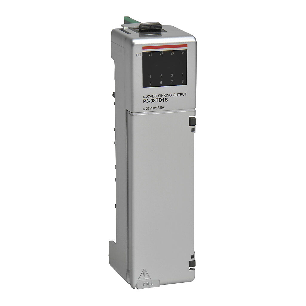 AutomationDirect P3-08TD1S - Productivity3000 discrete output module, 8-point, 6-24 VDC, sinking, 4 isolated common(s), 2 point(s) per common, 2A/point, 4A/common. Requires P3-RTB removable terminal block or ZIPLink pre-wired cables.