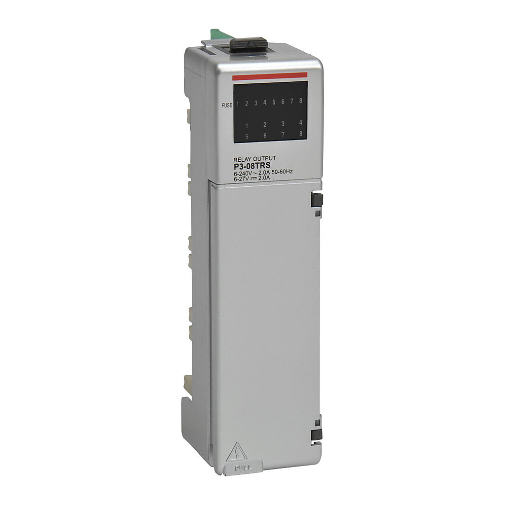 P3-08TRS - Productivity3000 relay output module, 8-point, 6-24 VDC/6-240 VAC, (8) Form A, 8 isolated common(s), 1 point(s) per common, 1.75A/point. Requires P3-RTB removable terminal block or ZIPLink pre-wired cables.