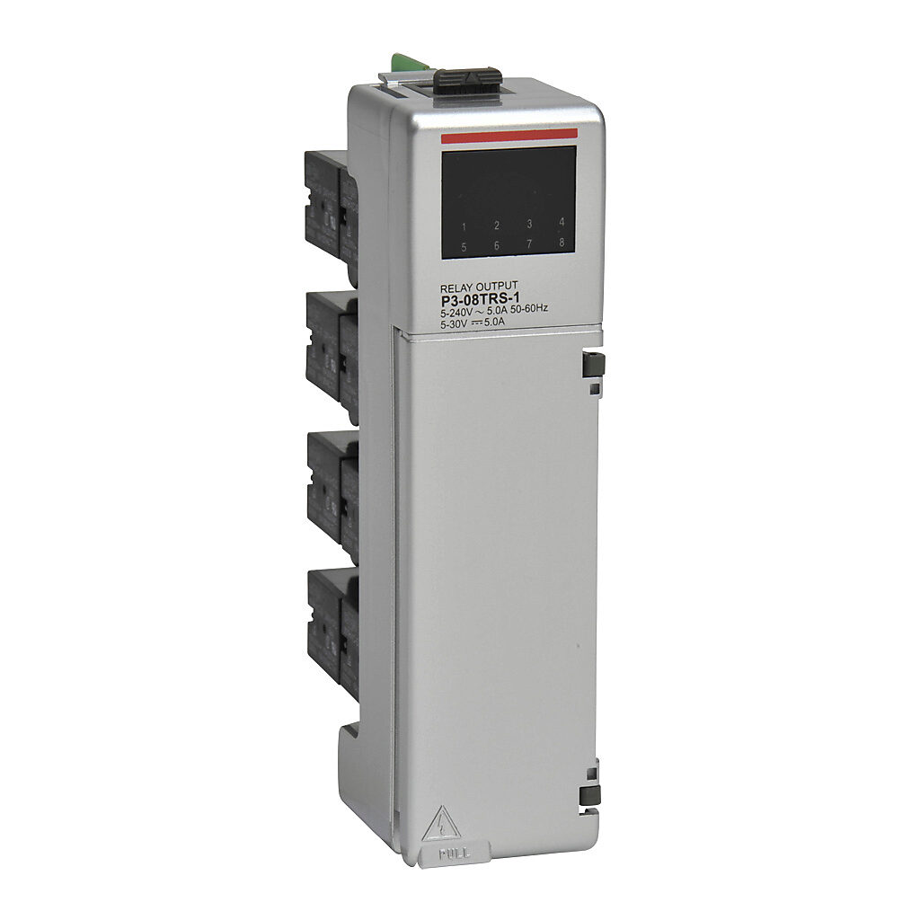 P3-08TRS-1 - Productivity3000 relay output module, 8-point, 6-24 VDC/6-240 VAC, (4) Form A, (4) Form C, 8 isolated common(s), 1 point(s) per common, 6.3A/point. Requires P3-RTB removable terminal block or ZIPLink pre-wired cables.