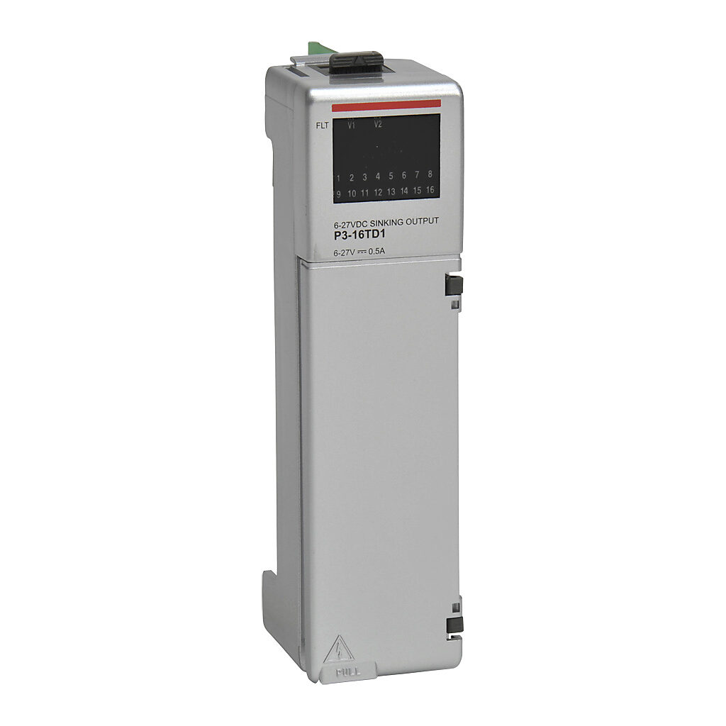 AutomationDirect P3-16TD1 - Productivity3000 discrete output module, 16-point, 6-24 VDC, sinking, 2 isolated common(s), 8 point(s) per common, 0.5A/point, 4A/common. Requires P3-RTB removable terminal block or ZIPLink pre-wired cables.