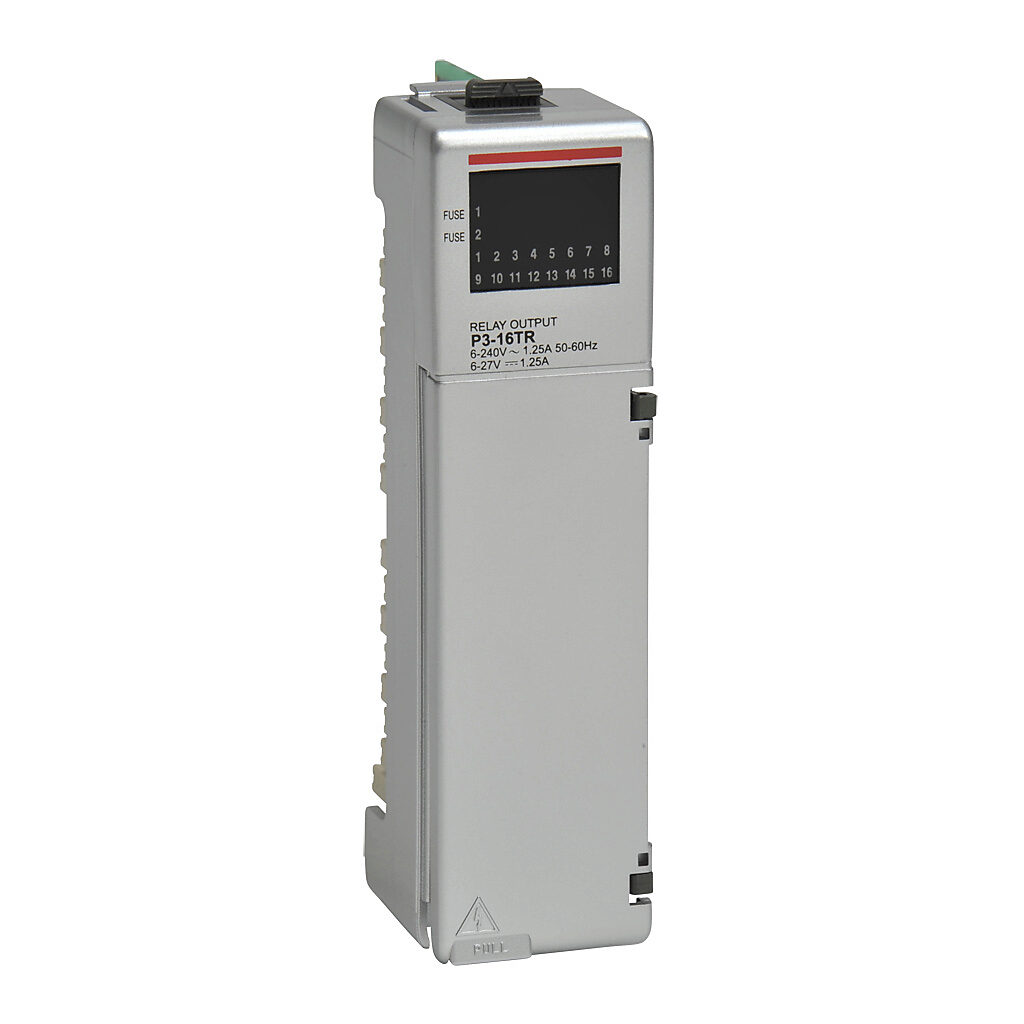 P3-16TR - Productivity3000 relay output module, 16-point, 6-24 VDC/6-240 VAC, (16) Form A, 2 isolated common(s), 8 point(s) per common, 1.25A/point, 6.3A/common. Requires P3-RTB removable terminal block or ZIPLink pre-wired cables.