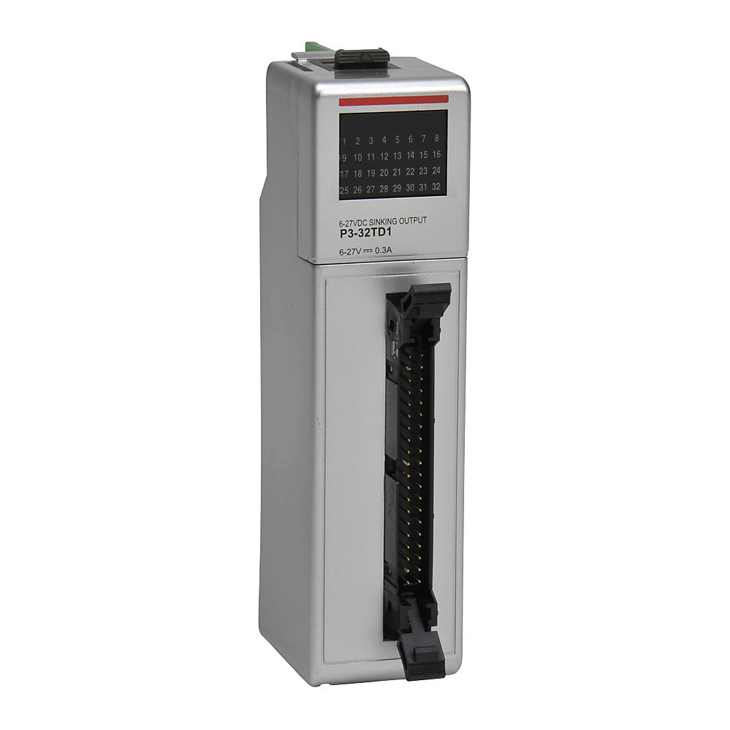 AutomationDirect P3-32TD1 - Productivity3000 discrete output module, 32-point, 6-24 VDC, sinking, 4 isolated common(s), 8 point(s) per common, 0.3A/point, 2.4A/common. Requires ZIPLink connector modules and pre-wired cables.