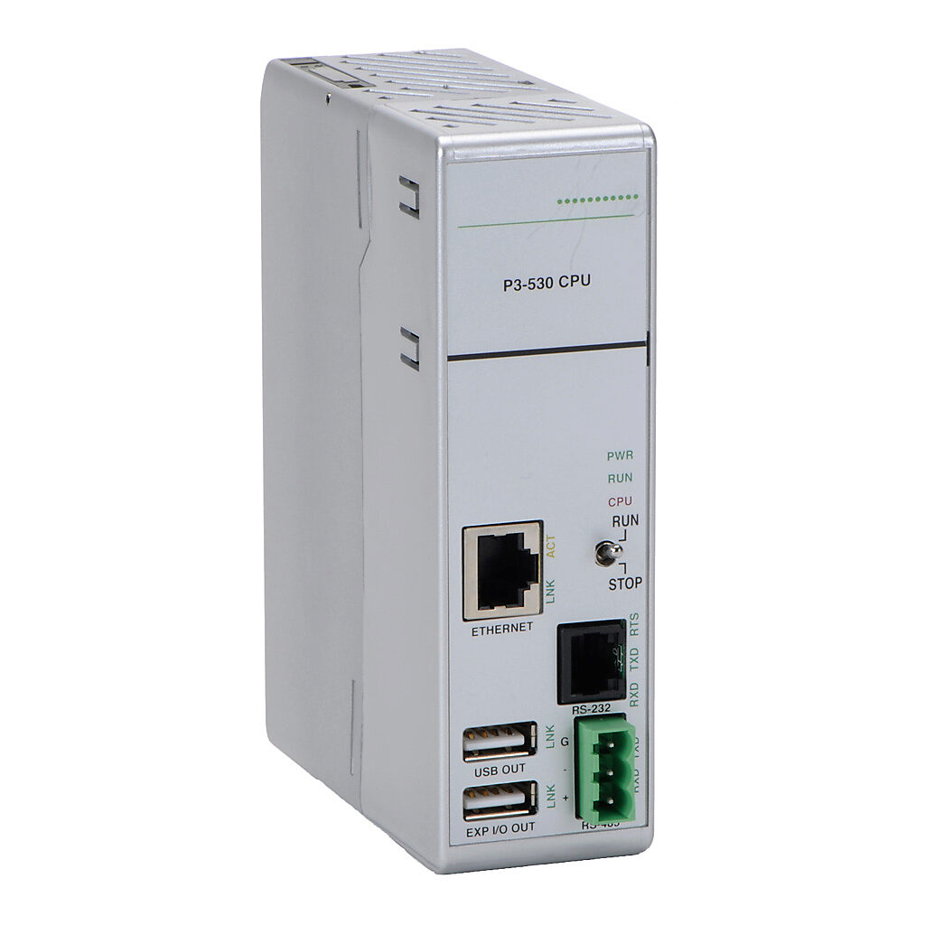 P3-530 - Productivity3000 CPU, up to 25 MB ladder memory, USB A storage, (1) Ethernet 10/100Base-T (RJ45), (1) RS-232 (RJ12), (1) RS-485 (3-pin terminal) and (1) USB A expansion port(s), battery included.