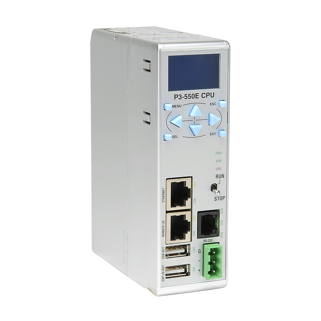 P3-550E - Productivity3000 CPU, up to 50 MB ladder memory, 4 x 10 character LCD display, USB A storage, (2) Ethernet 10/100Base-T (RJ45), (1) RS-232 (RJ12), (1) RS-485 (3-pin terminal) and (1) USB A expansion port(s), battery included.