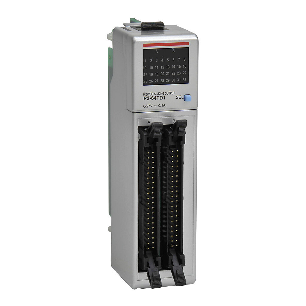 AutomationDirect P3-64TD1 - Productivity3000 discrete output module, 64-point, 6-24 VDC, sinking, 8 isolated common(s), 8 point(s) per common, 0.1A/point, 0.8A/common. Requires ZIPLink connector modules and pre-wired cables.