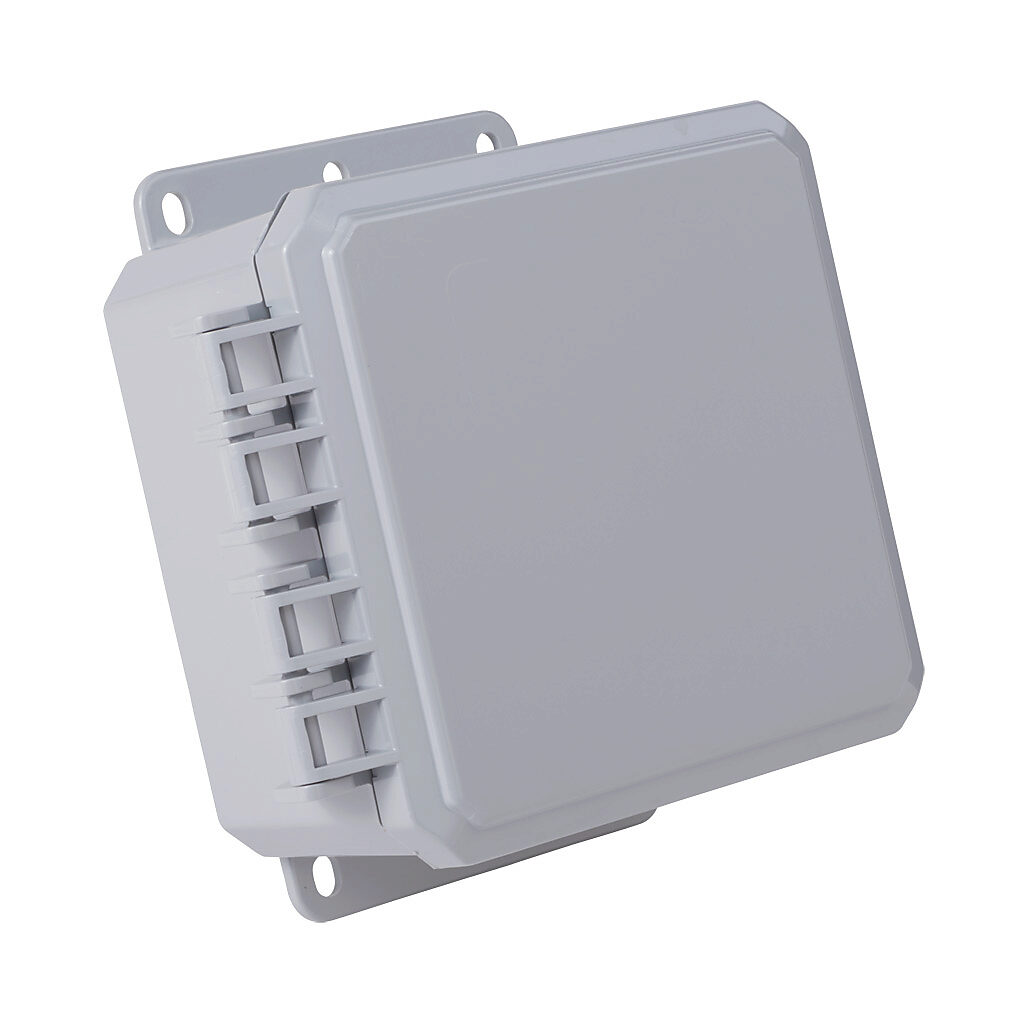 P6063-P10 - Integra Impact series enclosure, NEMA 1/2/3/3R/3S/4/4X/6/6P/12/13, 6 x 6 x 3in (HxWxD), wall mount, polycarbonate, gray, gloss finish, single-door, integrated padlockable latch, integral mounting flange.