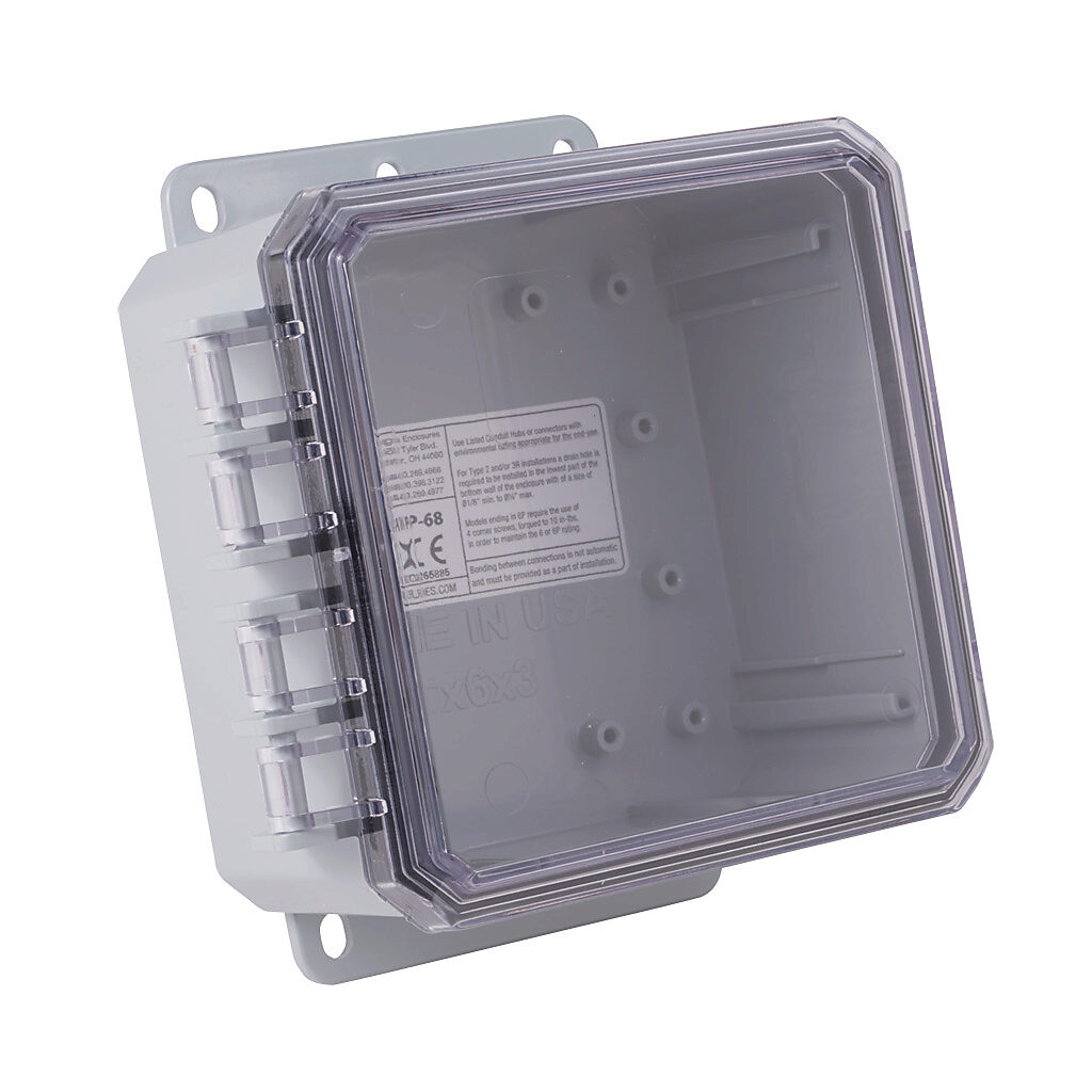 P6063C-P10 - Integra Impact series enclosure, NEMA 1/2/3/3R/3S/4/4X/6/6P/12/13, 6 x 6 x 3in (HxWxD), wall mount, polycarbonate, gray, gloss finish, clear polycarbonate single-door, integrated padlockable latch, integral mounting flange.
