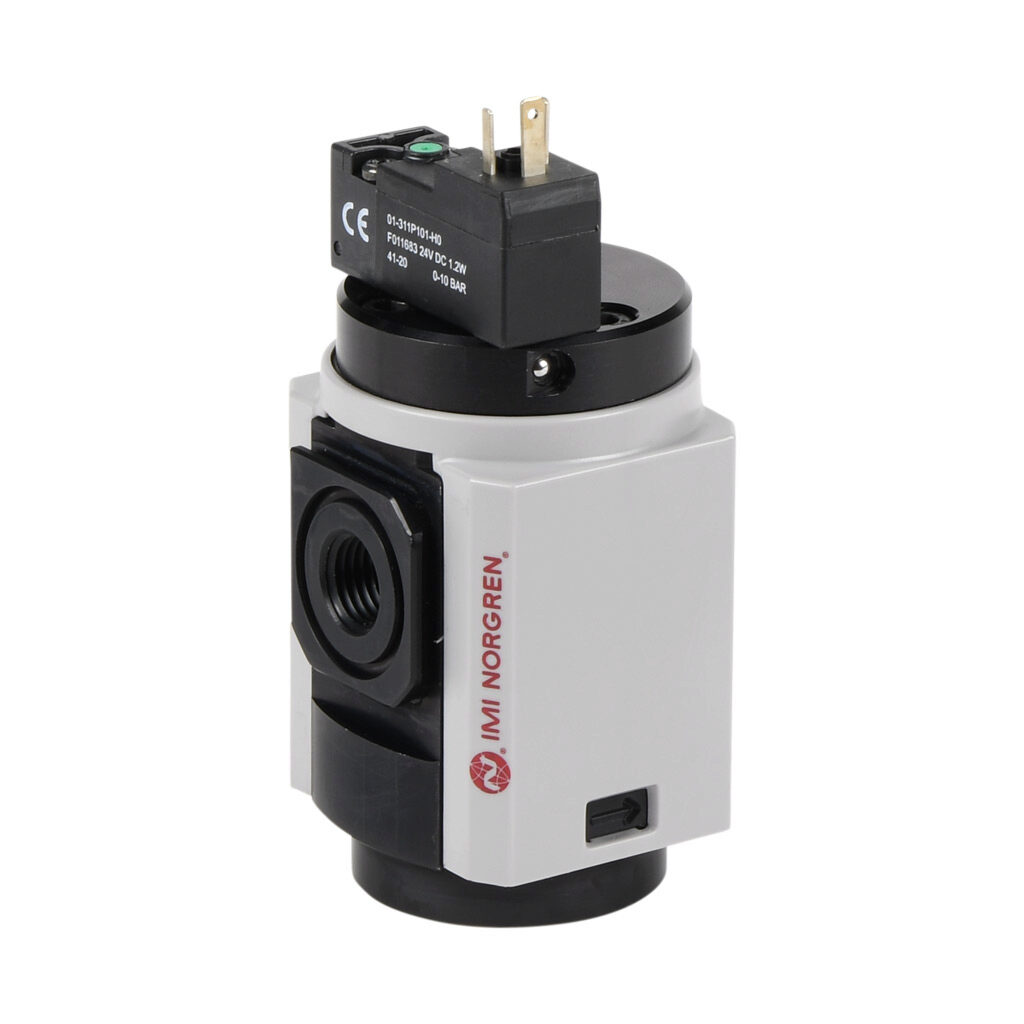 P82C-2AT-PFA - Norgren shut-off valve, 3-port (3-way), 2-position, single solenoid spring return, N.C., 1/4in female NPT inlet(s), 1/4in female NPT outlet(s), 1/4in female NPT exhaust(s), Cv=1.6, 24 VDC operating voltage. For use with Excelon Plus...